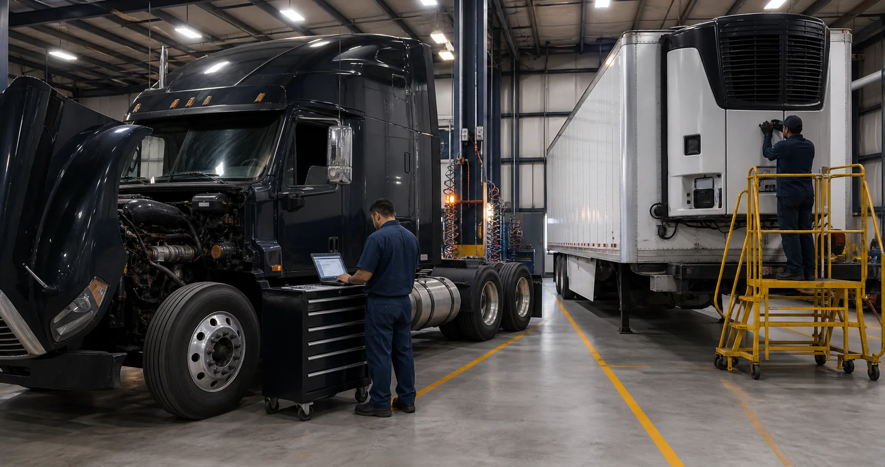 Heavy-duty truck and refrigerated trailer being diagnosed in a repair facility
